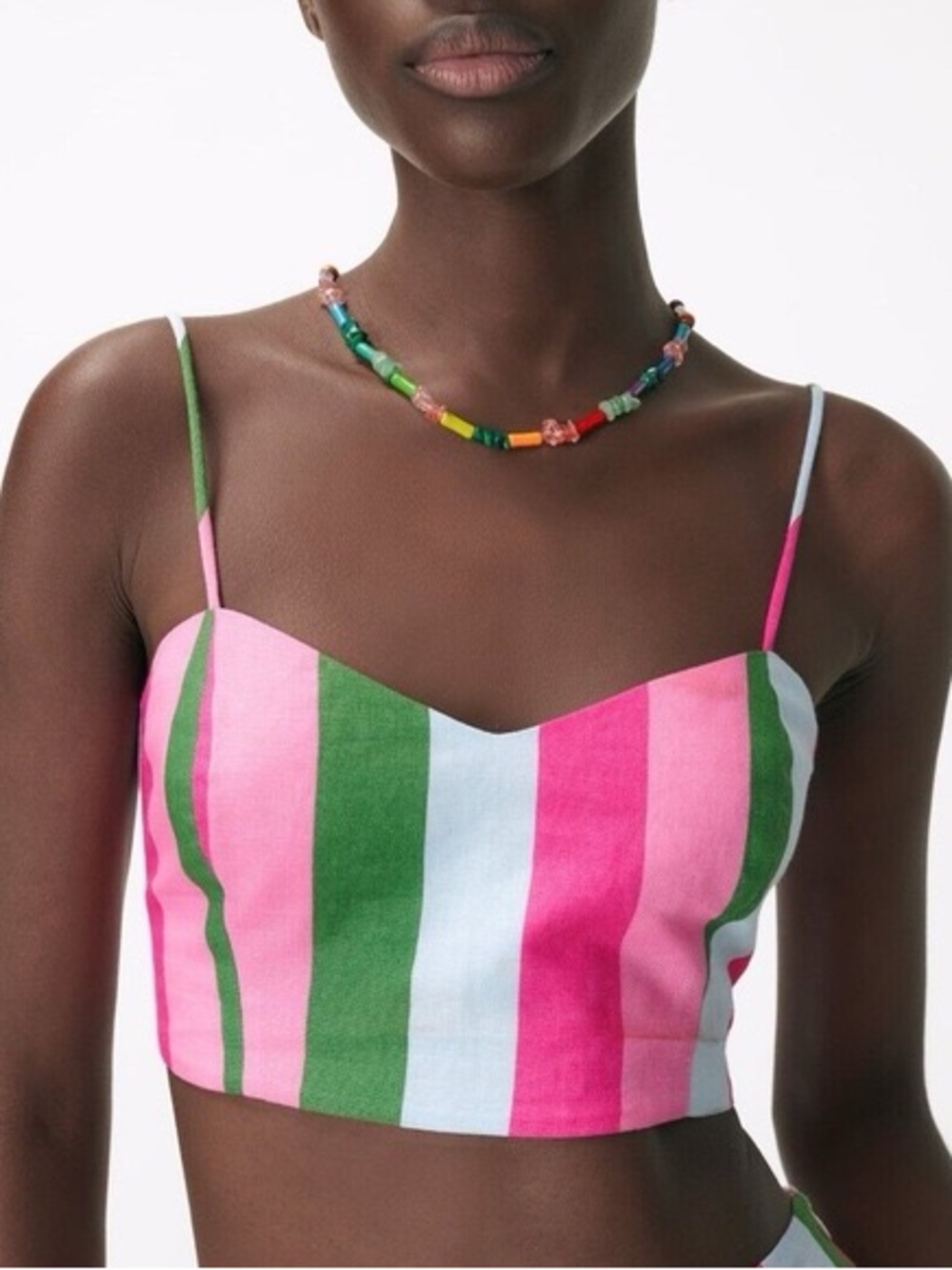 Zara Blogger Fave Linen Cotton Blend Stripped Pink Green Crop Top NWT